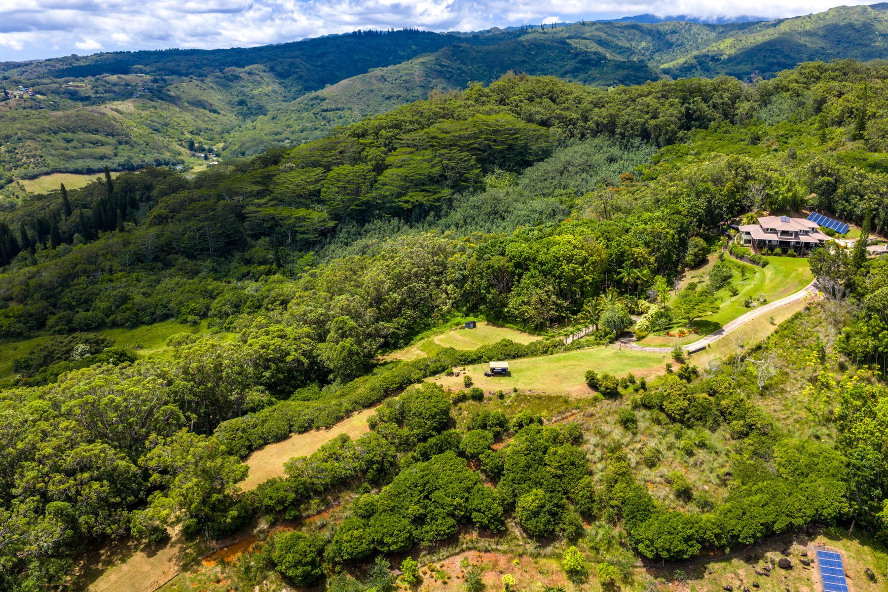 Aerial over the forested acreage beside a neighboring estate