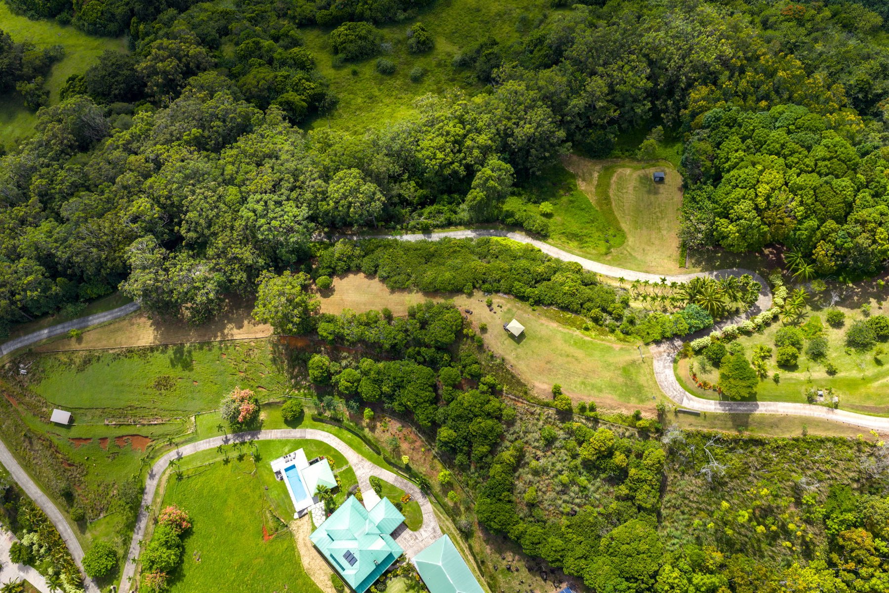 Aerial of the paved access road through the acreage